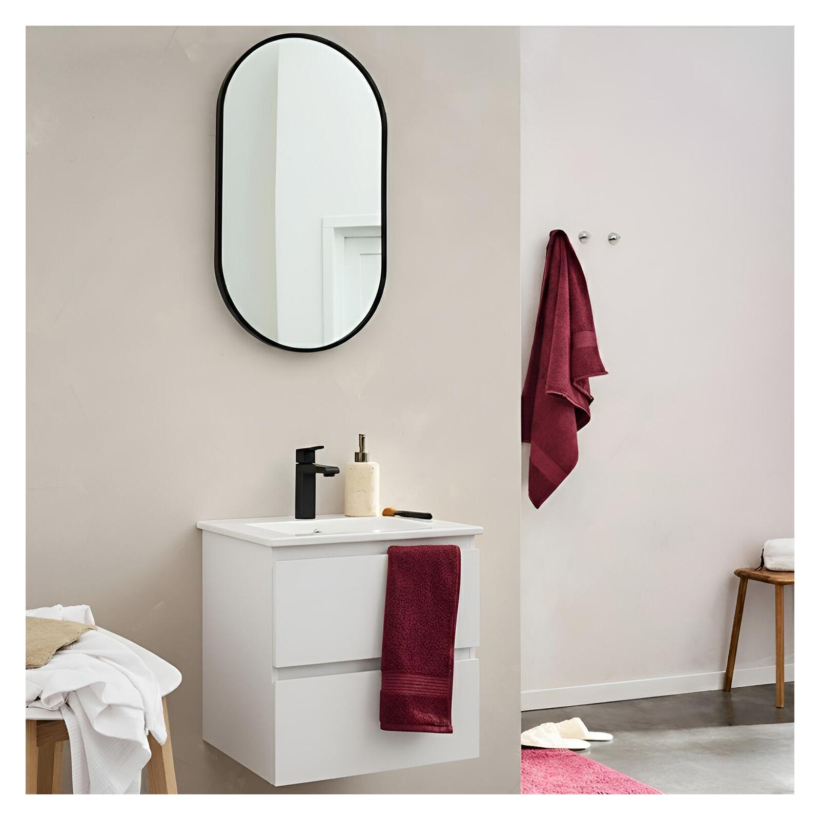 Ensemble meuble simple vasque 45cm avec plan céramique, robinet noir et miroir ovale