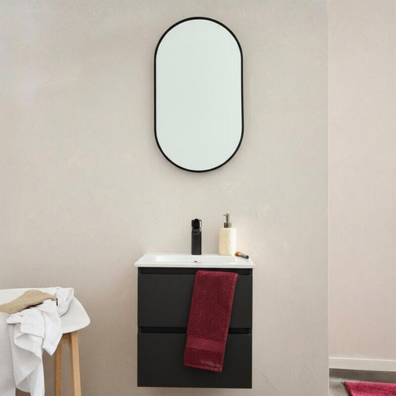 Ensemble meuble simple vasque 45cm avec plan céramique, robinet noir et miroir ovale