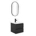 Ensemble meuble simple vasque 45cm avec plan céramique, robinet noir et miroir ovale