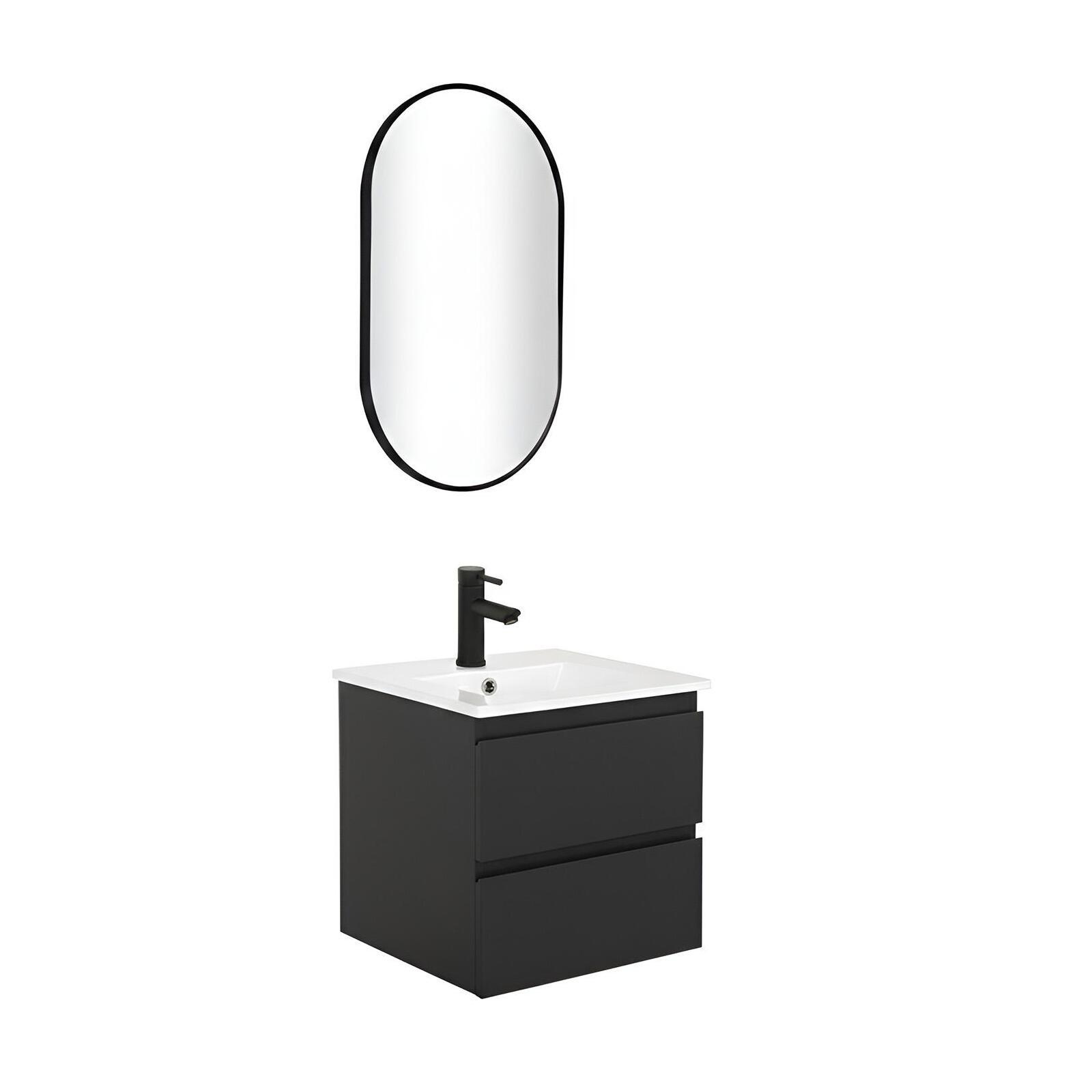 Ensemble meuble simple vasque 45cm avec plan céramique, robinet noir et miroir ovale
