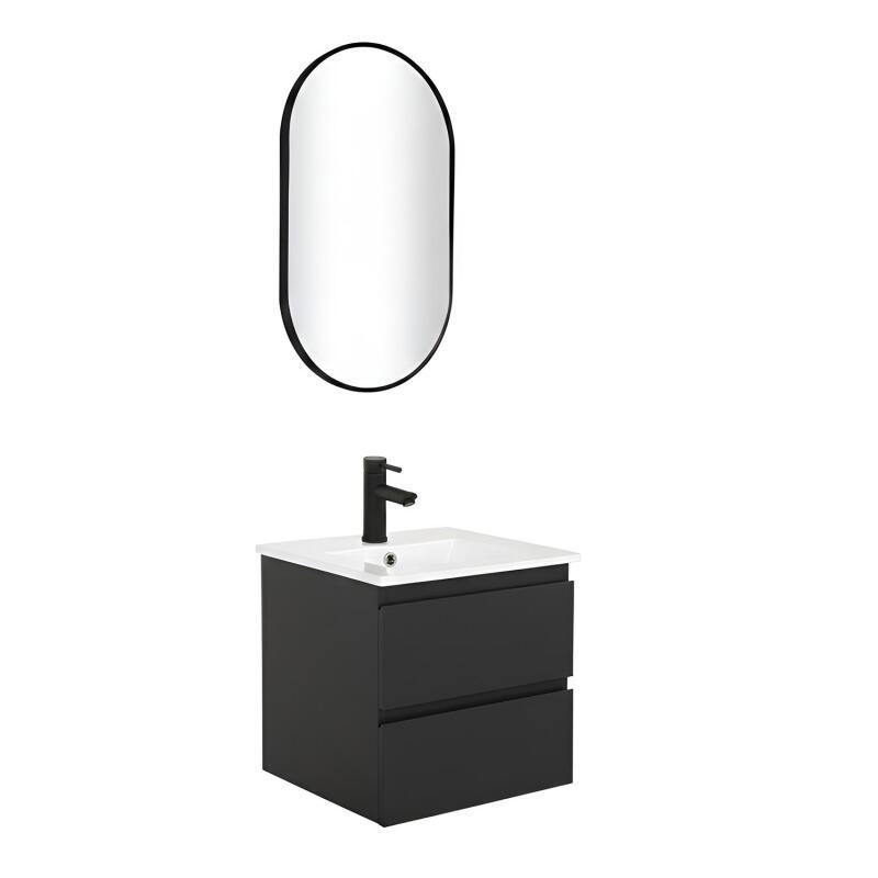 Ensemble meuble simple vasque 45cm avec plan céramique, robinet noir et miroir ovale