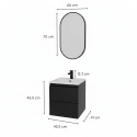 Ensemble meuble simple vasque 45cm avec plan céramique, robinet noir et miroir ovale