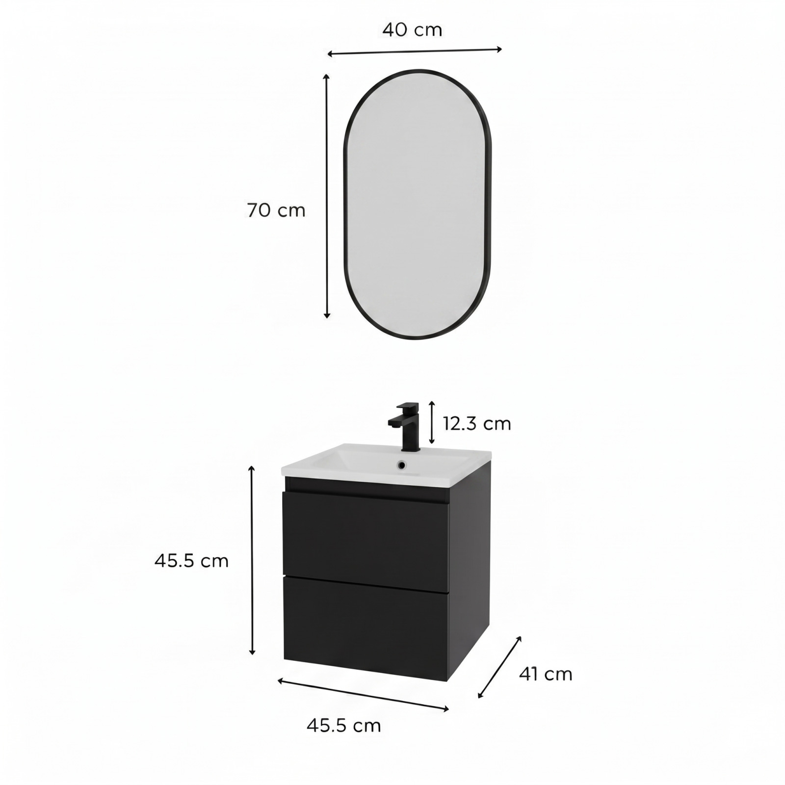 Ensemble meuble simple vasque 45cm avec plan céramique, robinet noir et miroir ovale