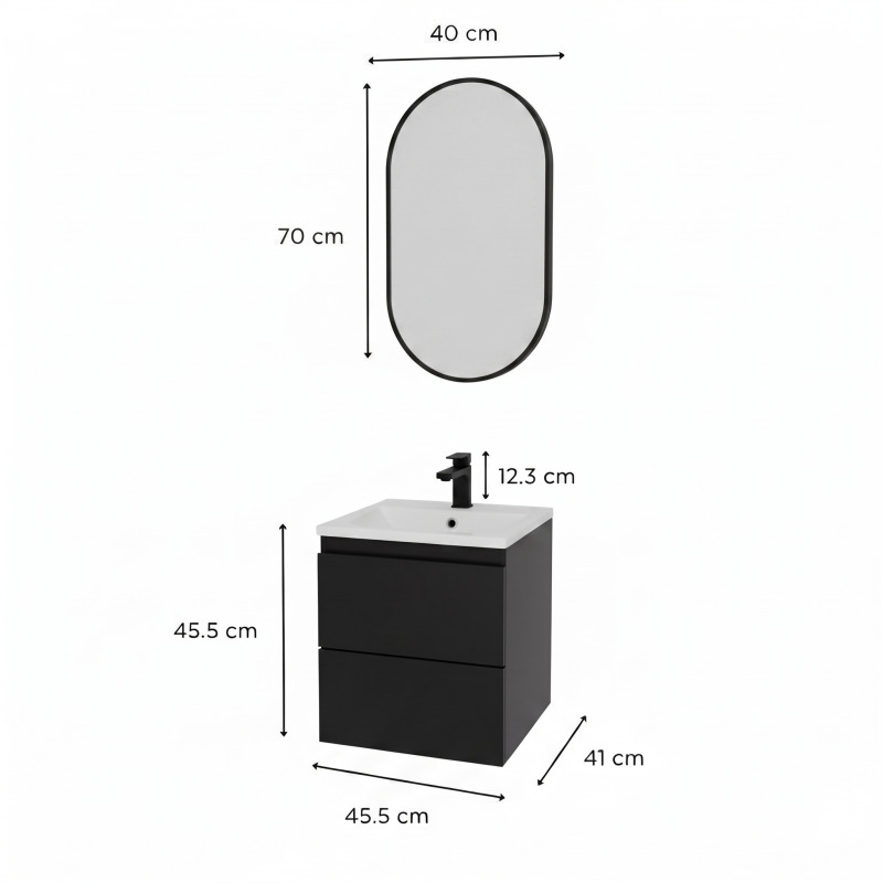 Ensemble meuble simple vasque 45cm avec plan céramique, robinet noir et miroir ovale