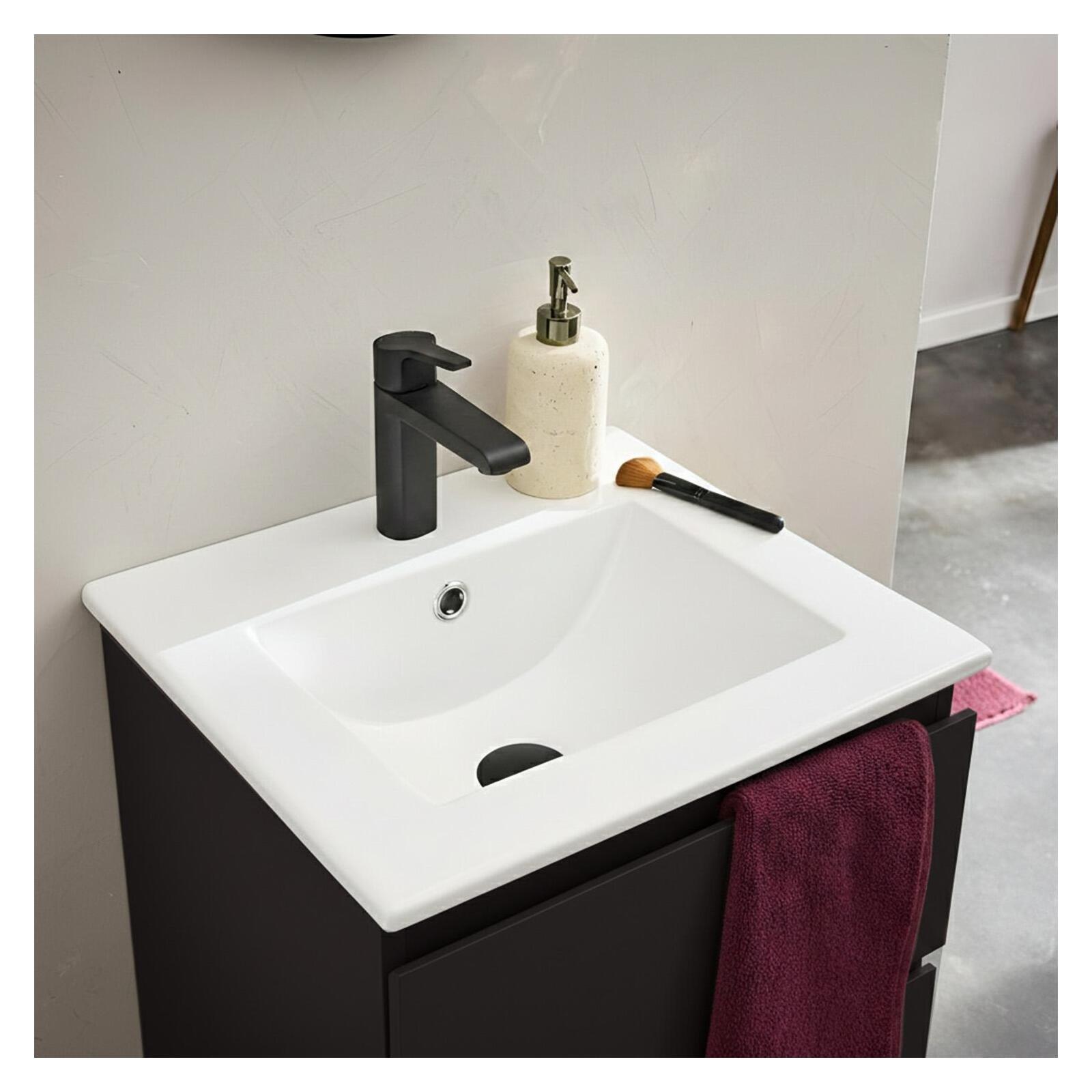 Ensemble meuble simple vasque 45cm avec plan céramique, robinet noir et miroir ovale