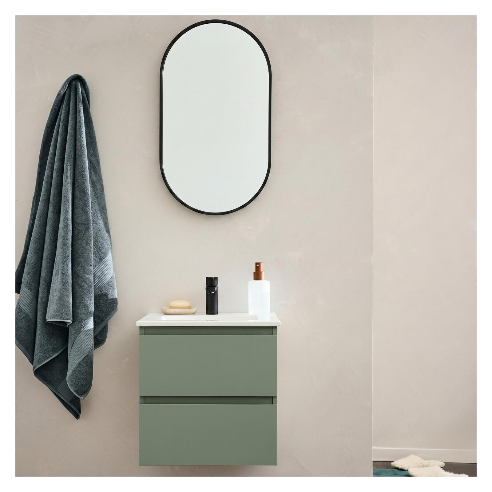 Ensemble meuble simple vasque 45cm avec plan céramique, robinet noir et miroir ovale