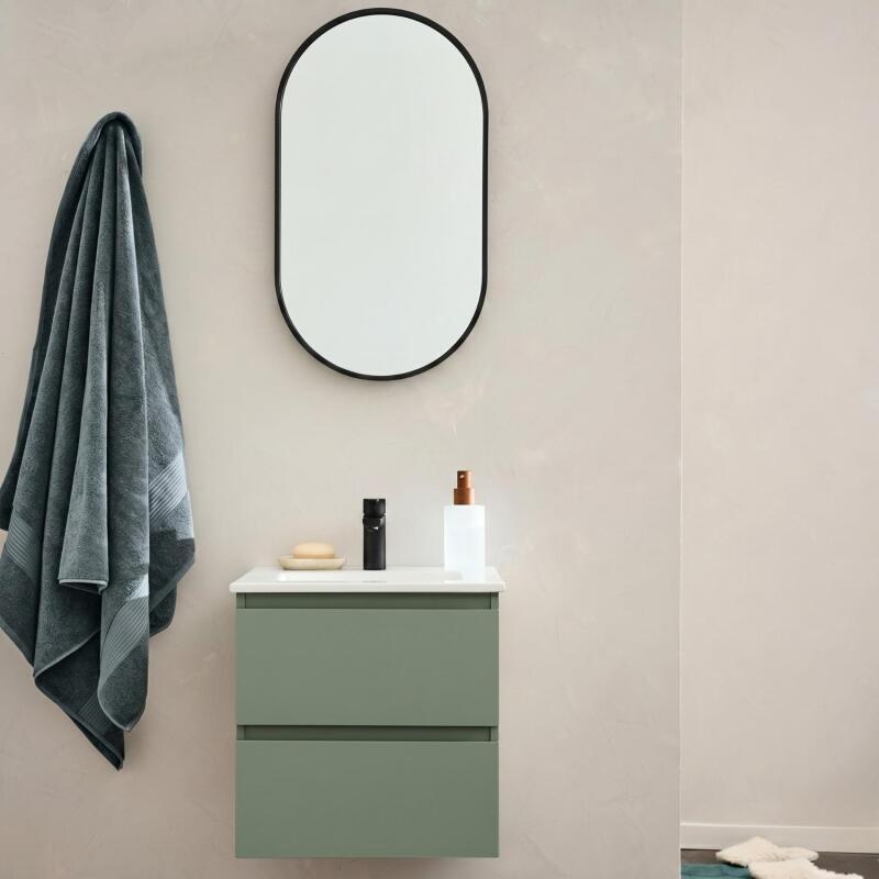 Ensemble meuble simple vasque 45cm avec plan céramique, robinet noir et miroir ovale