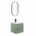 Ensemble meuble simple vasque 45cm avec plan céramique, robinet noir et miroir ovale