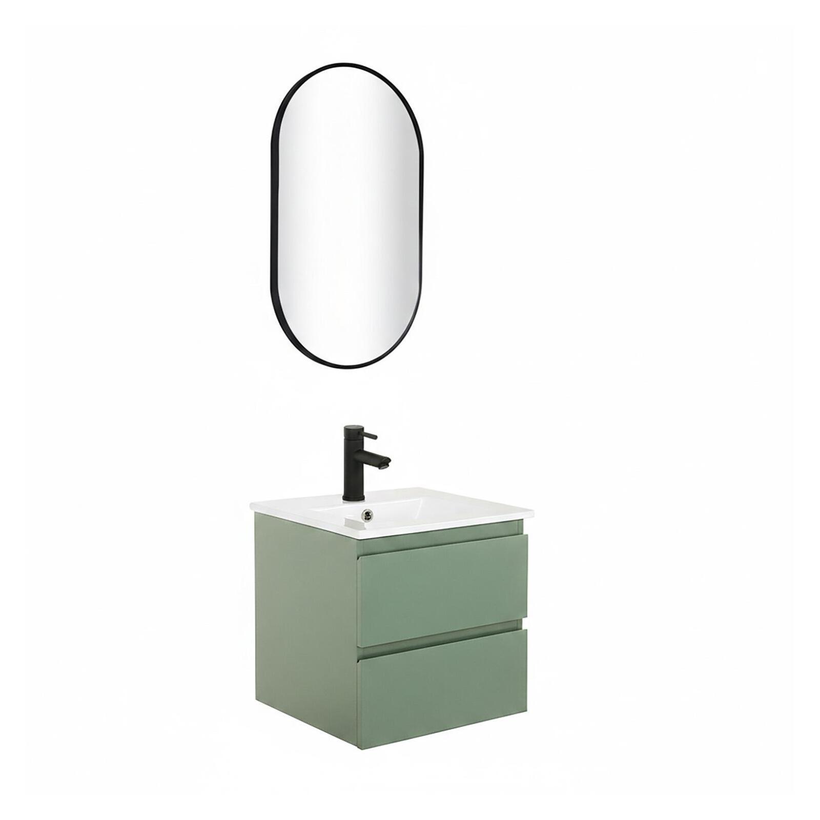 Ensemble meuble simple vasque 45cm avec plan céramique, robinet noir et miroir ovale