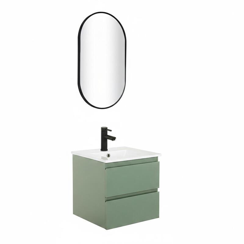 Ensemble meuble simple vasque 45cm avec plan céramique, robinet noir et miroir ovale