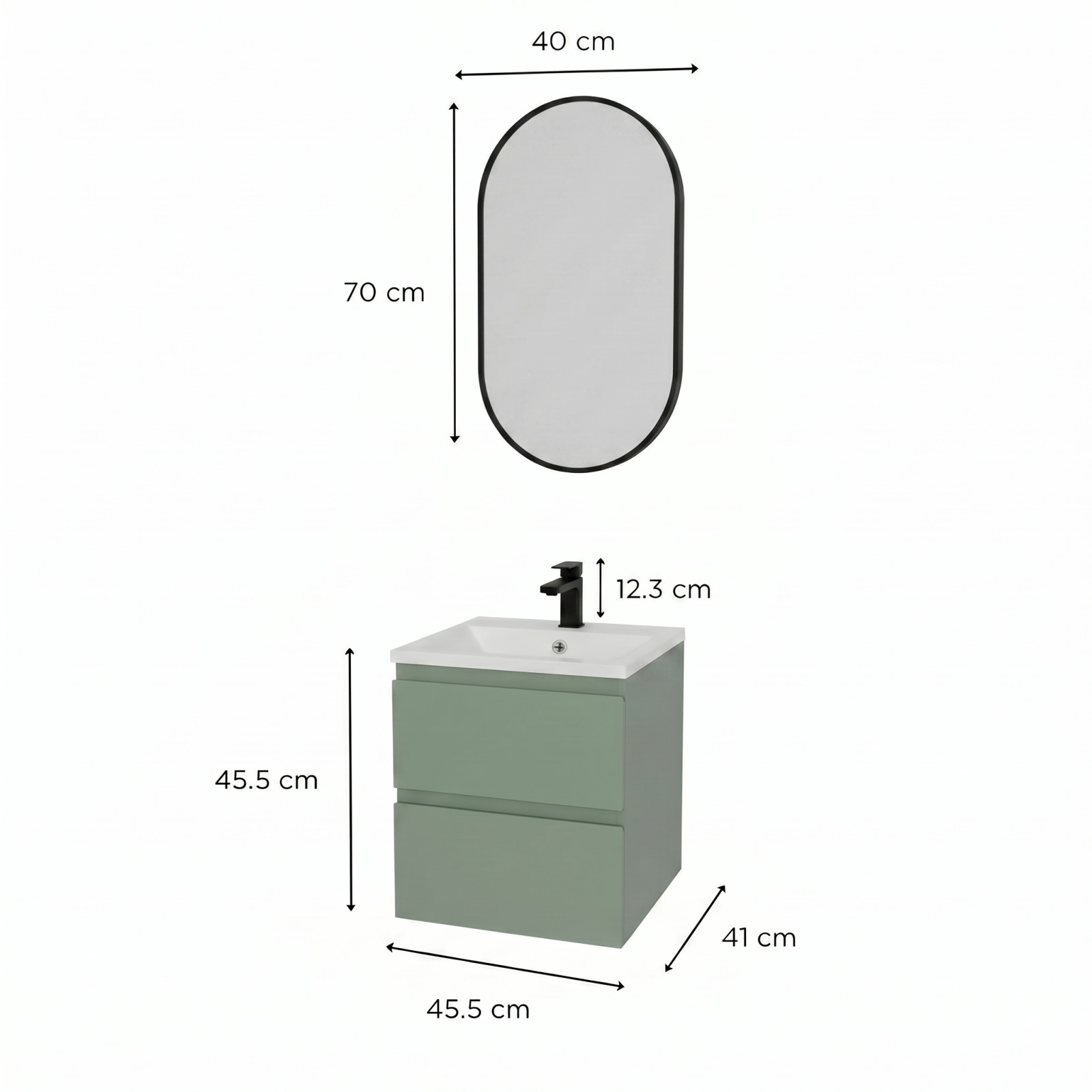 Ensemble meuble simple vasque 45cm avec plan céramique, robinet noir et miroir ovale