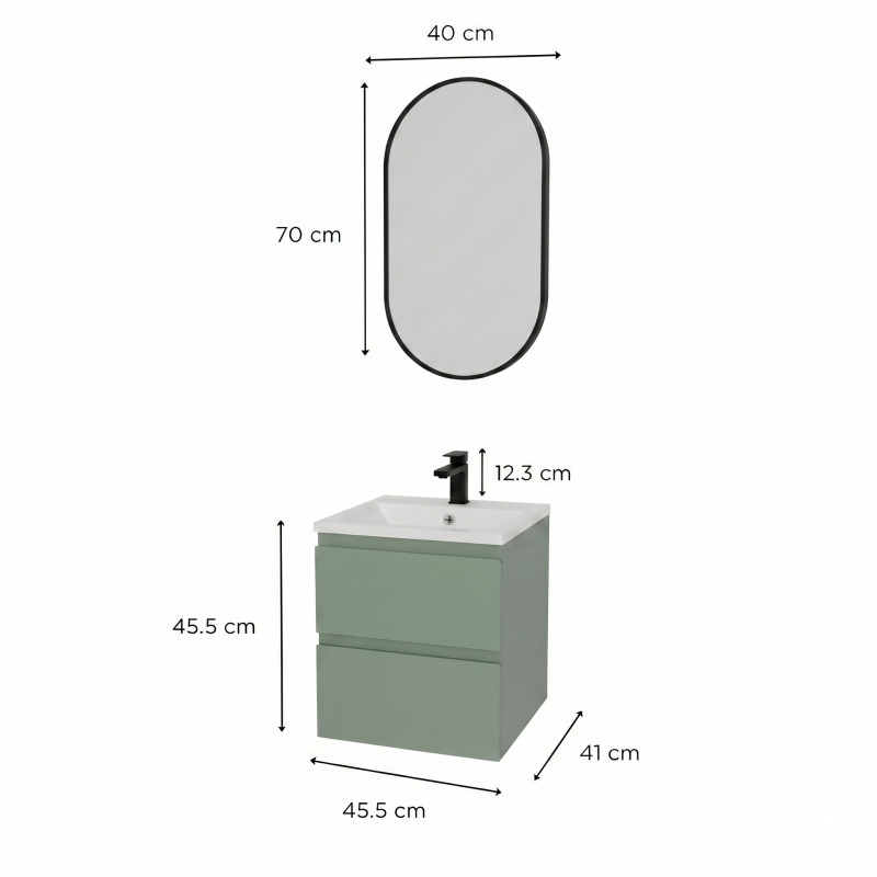 Ensemble meuble simple vasque 45cm avec plan céramique, robinet noir et miroir ovale