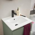 Ensemble meuble simple vasque 45cm avec plan céramique, robinet noir et miroir ovale
