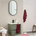 Ensemble meuble simple vasque 45cm avec plan céramique, robinet noir et miroir ovale