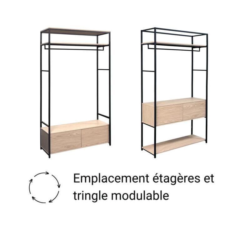 Portant vêtements en bois et métal noir 100x200cm - avec penderie et tiroir