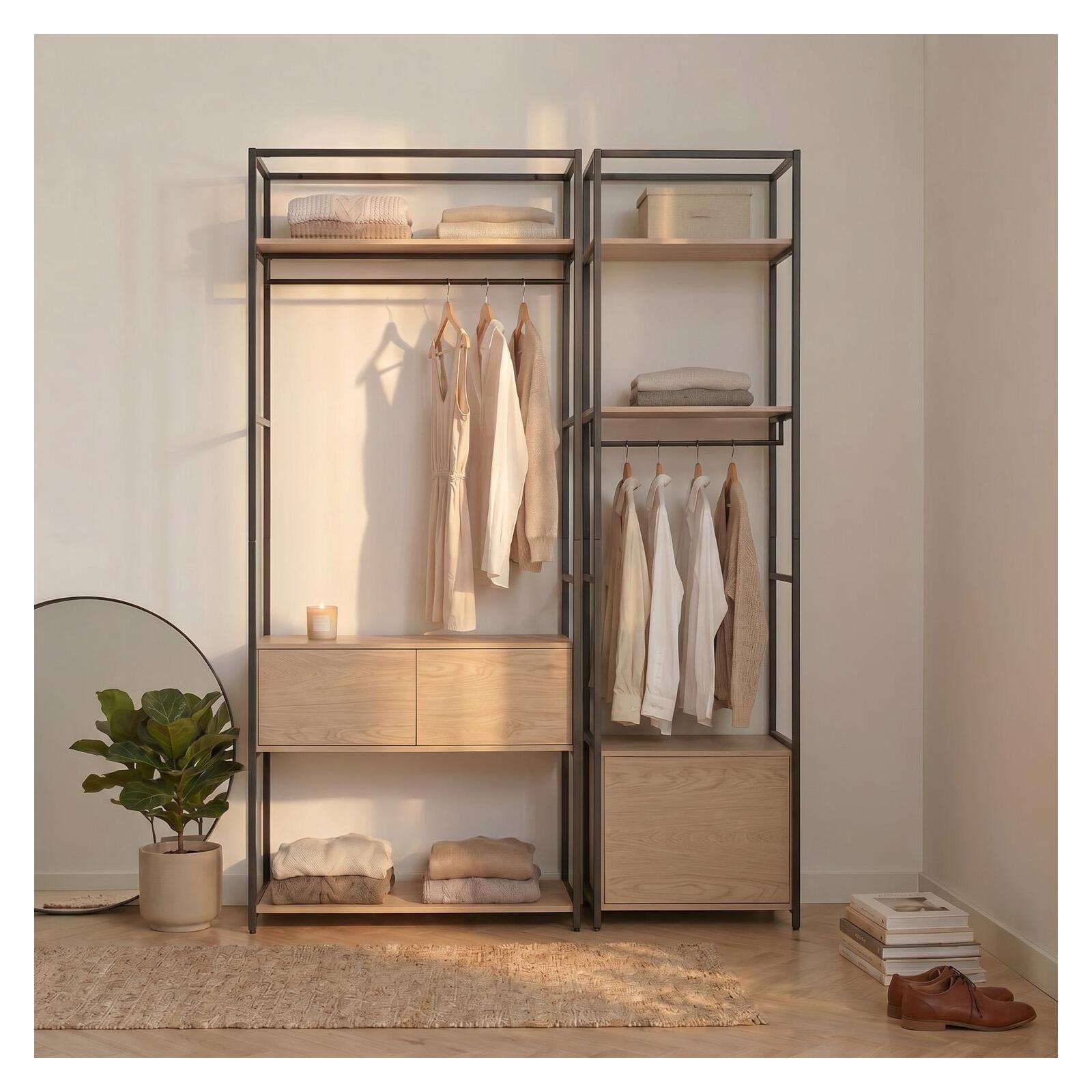 Lot de 2 portants vêtements en bois et métal 160x200cm - rangements fermés