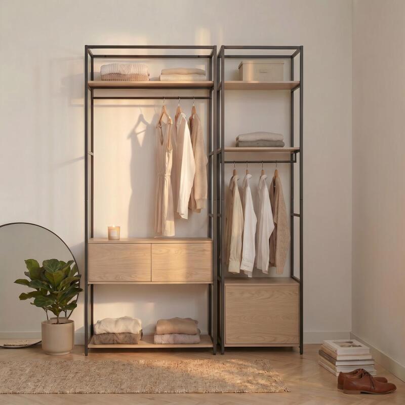 Lot de 2 portants vêtements en bois et métal 160x200cm - rangements fermés