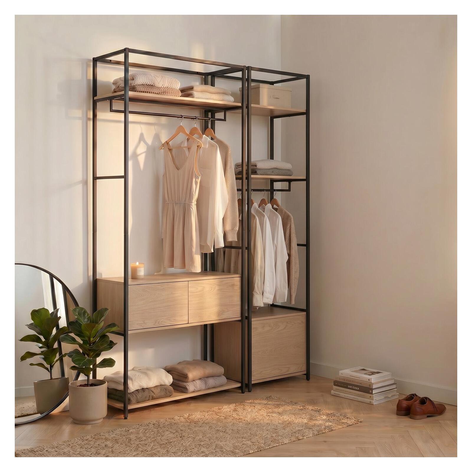 Lot de 2 portants vêtements en bois et métal 160x200cm - rangements fermés