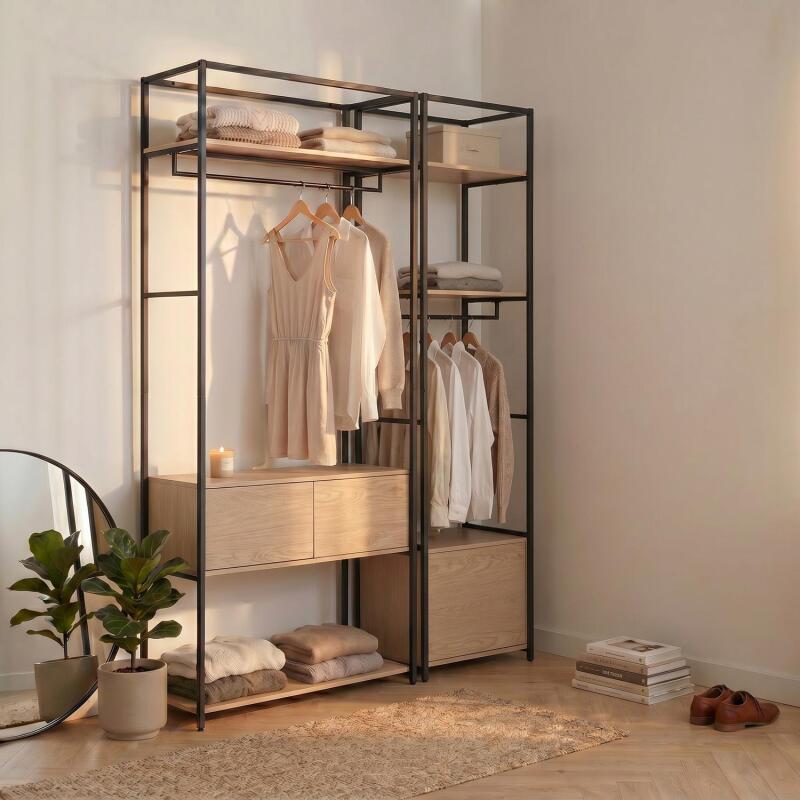 Lot de 2 portants vêtements en bois et métal 160x200cm - rangements fermés
