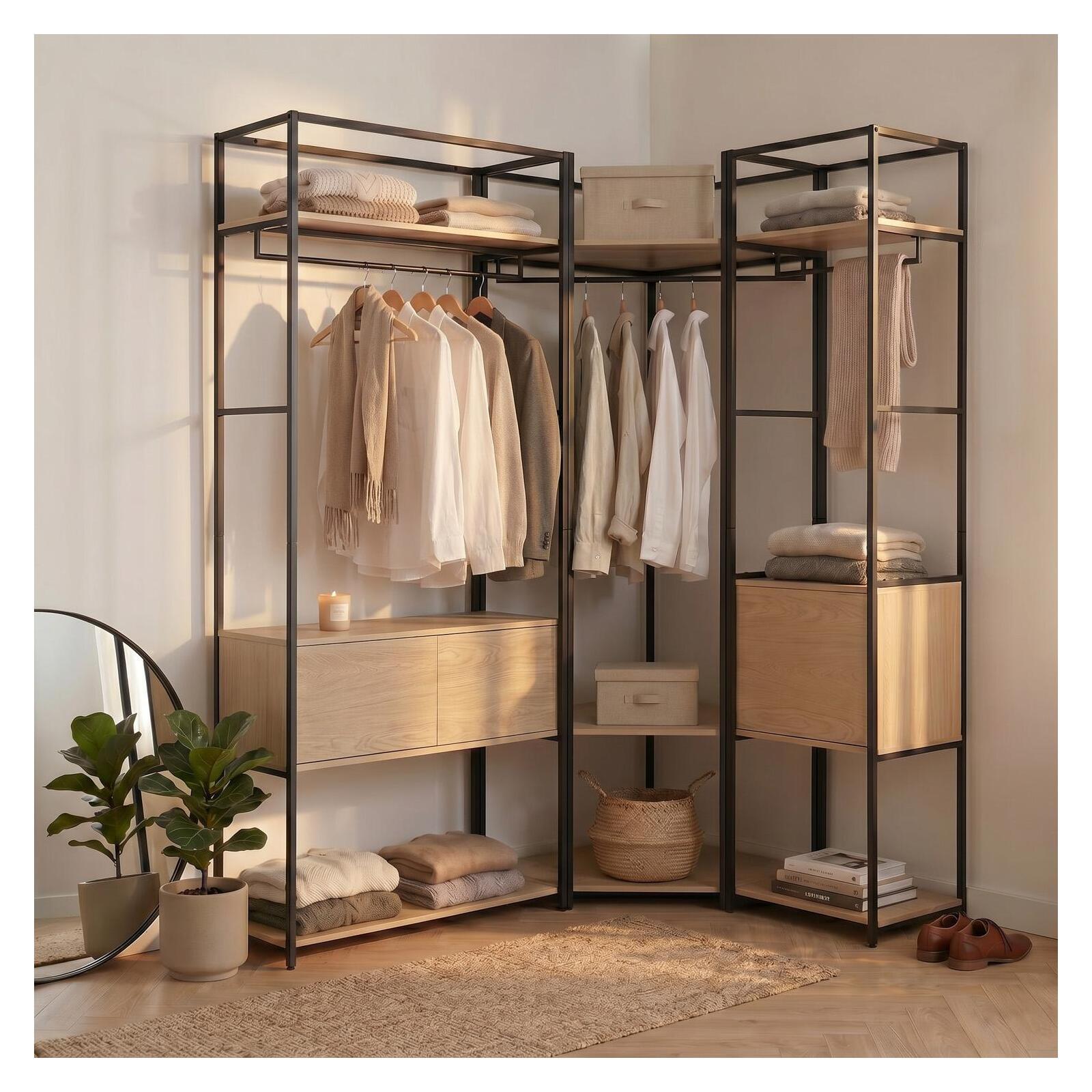 Lot de 2 portants vêtements en bois et métal en angle 220x200cm - rangements fermés