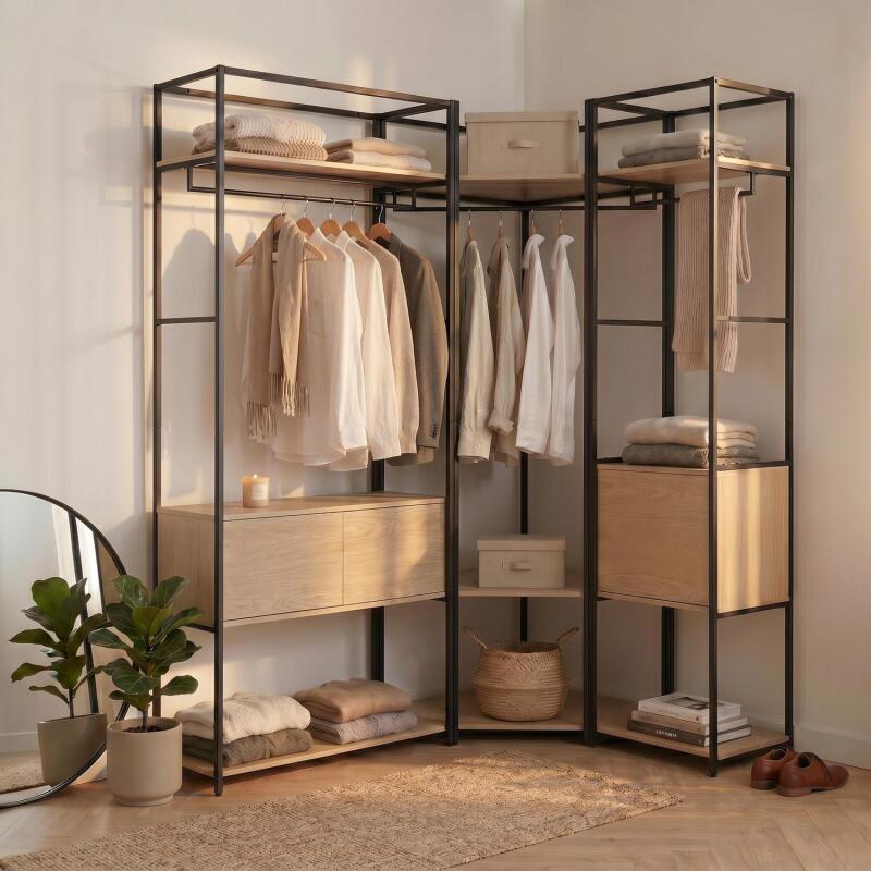 Lot de 2 portants vêtements en bois et métal en angle 220x200cm - rangements fermés