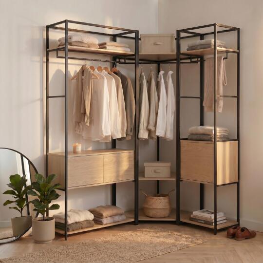 Lot de 2 portants vêtements en bois et métal en angle 220x200cm - rangements fermés
