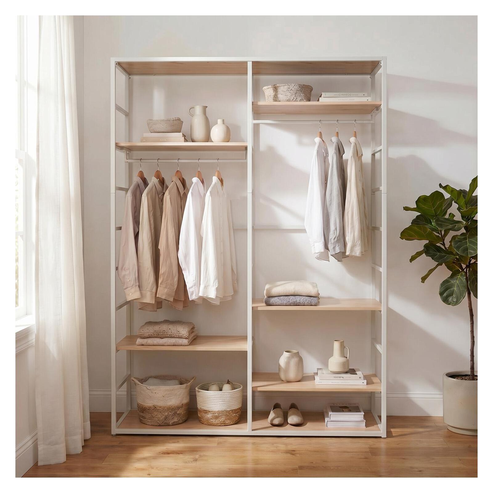 Portant vêtements en bois et métal blanc 120x180cm - avec penderie et étagères