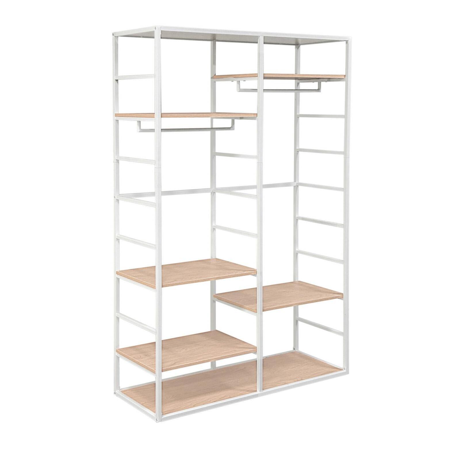 Portant vêtements en bois et métal blanc 120x180cm - avec penderie et étagères