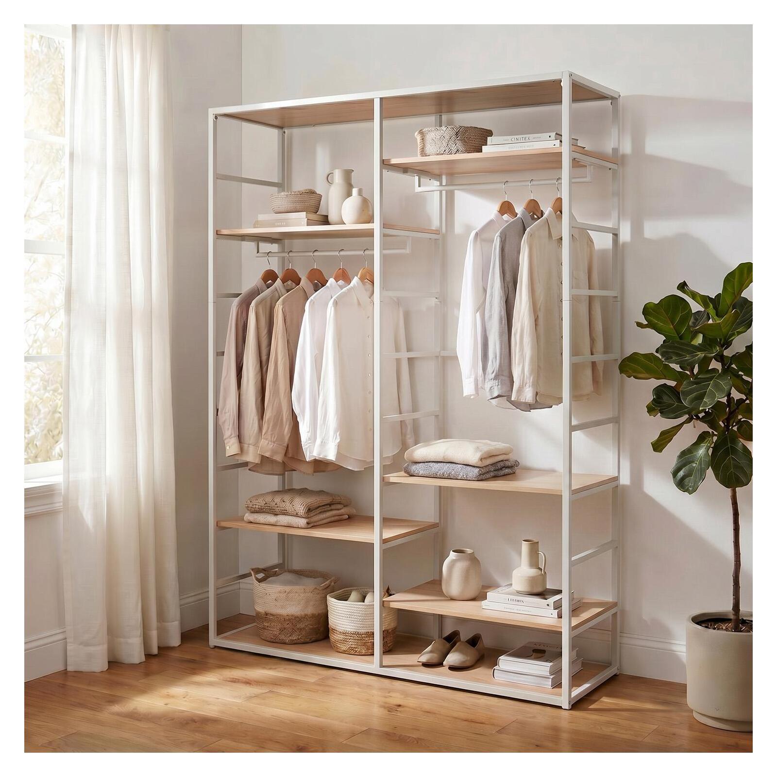 Portant vêtements en bois et métal blanc 120x180cm - avec penderie et étagères