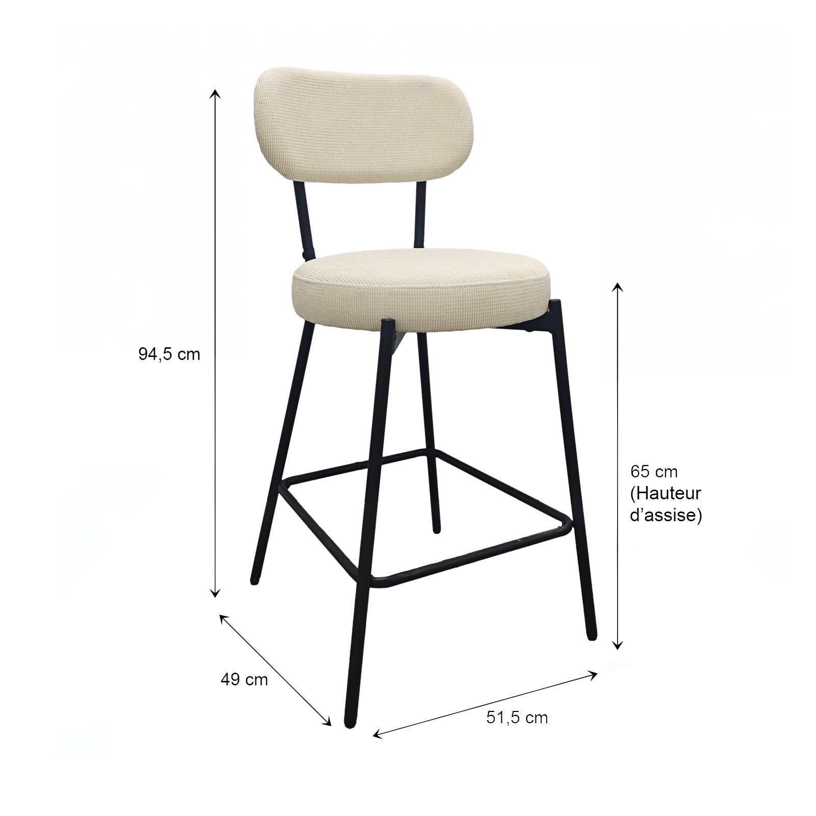 Lot de chaises d'îlot et bar en métal et assise en tissu velours côtelé H65cm