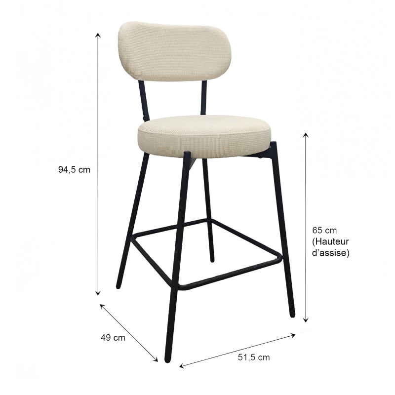 Lot de chaises d'îlot et bar en métal et assise en tissu velours côtelé H65cm