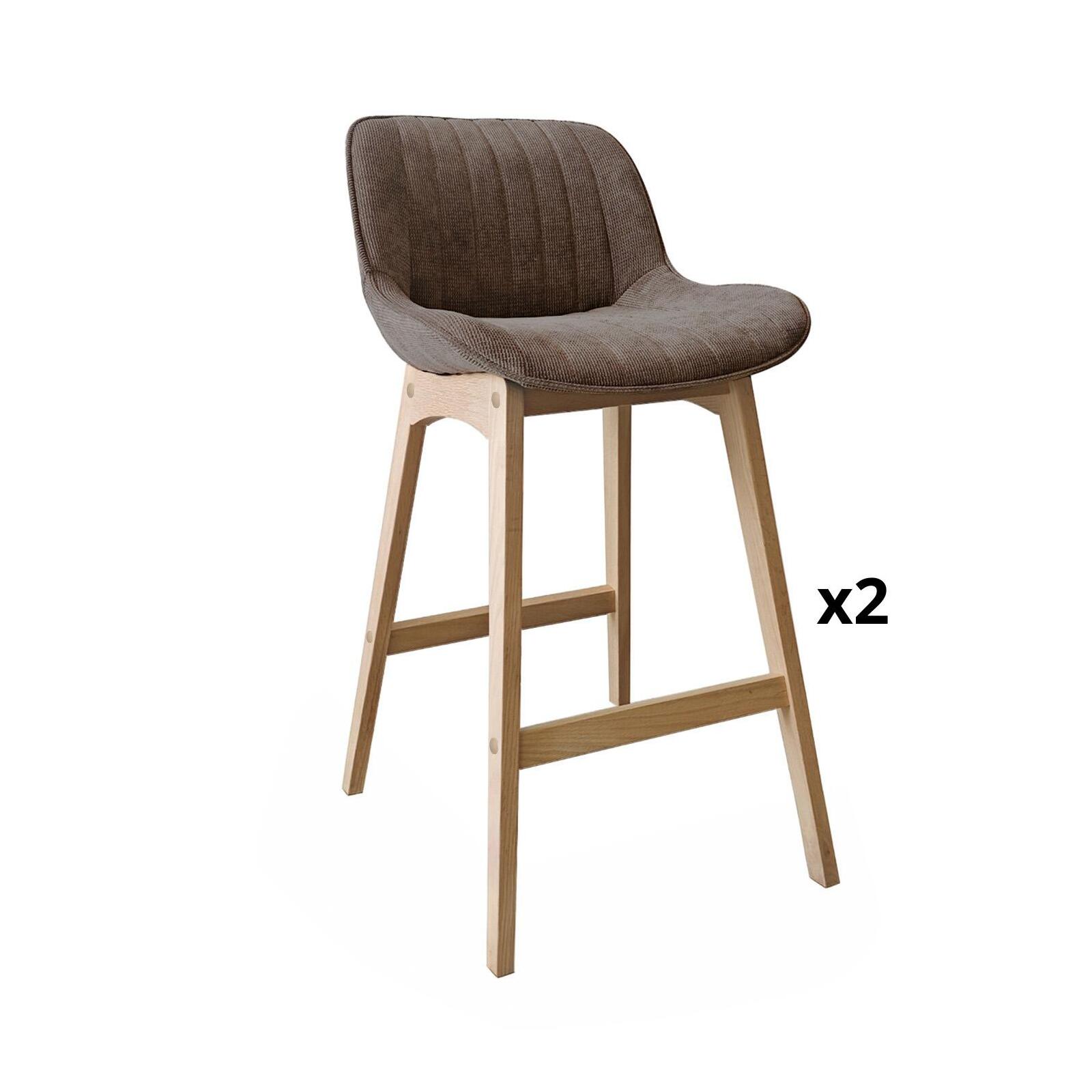 Lot de tabourets de bar en chêne et assise tissu velours côtelé H75cm