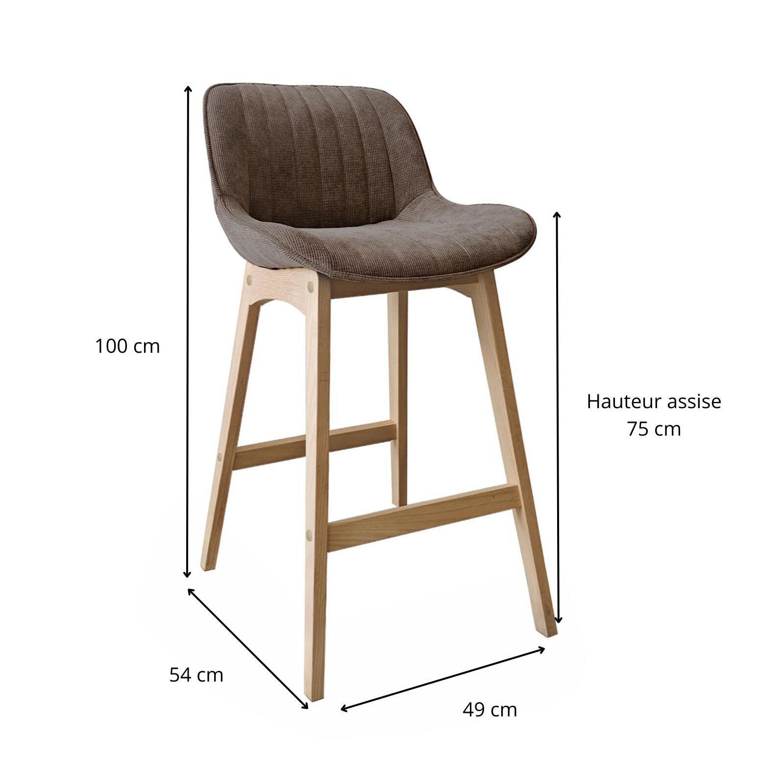 Lot de tabourets de bar en chêne et assise tissu velours côtelé H75cm
