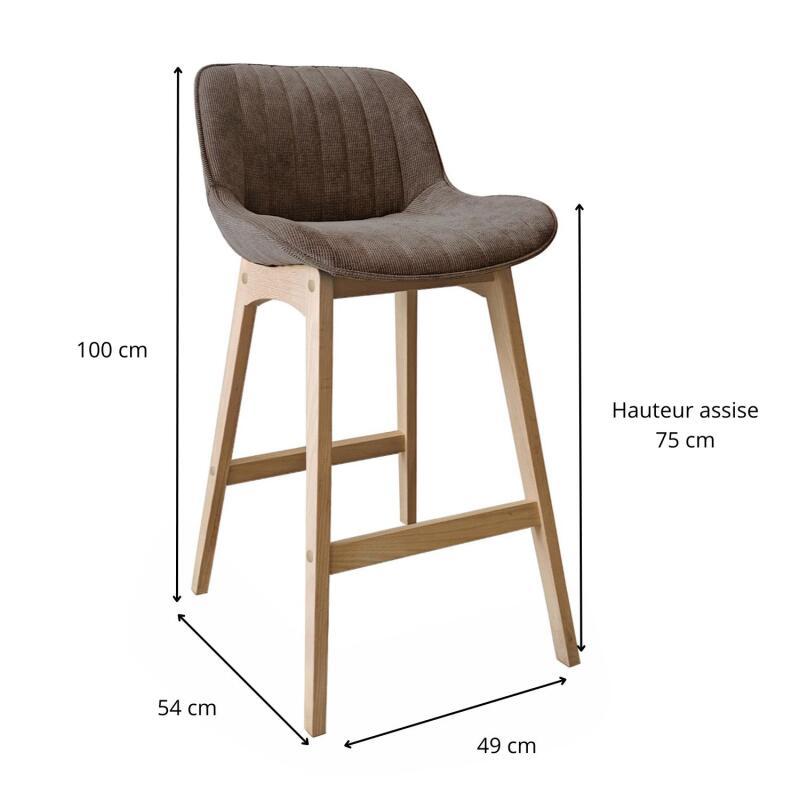 Lot de tabourets de bar en chêne et assise tissu velours côtelé H75cm