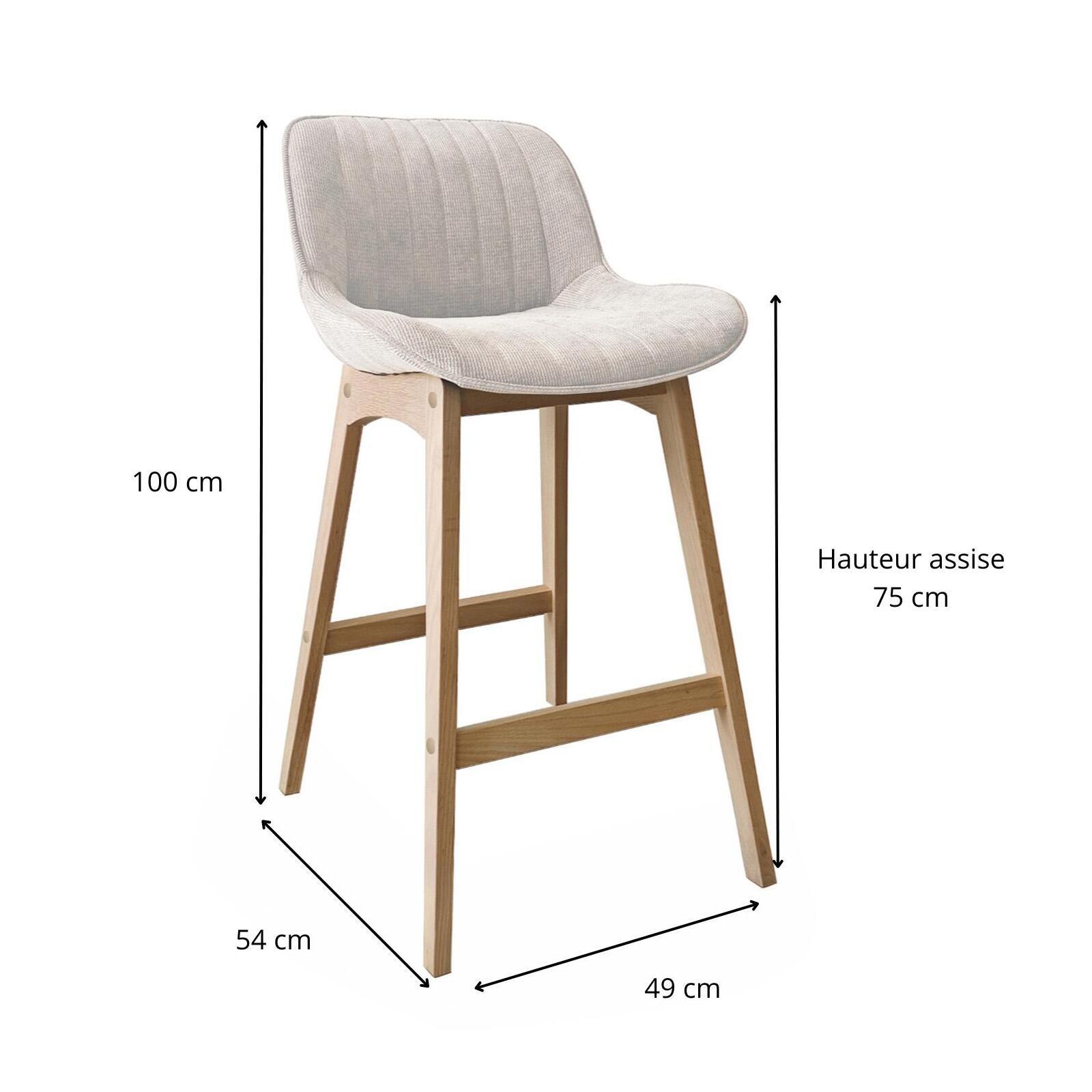 Lot de tabourets de bar en chêne et assise tissu velours côtelé H75cm