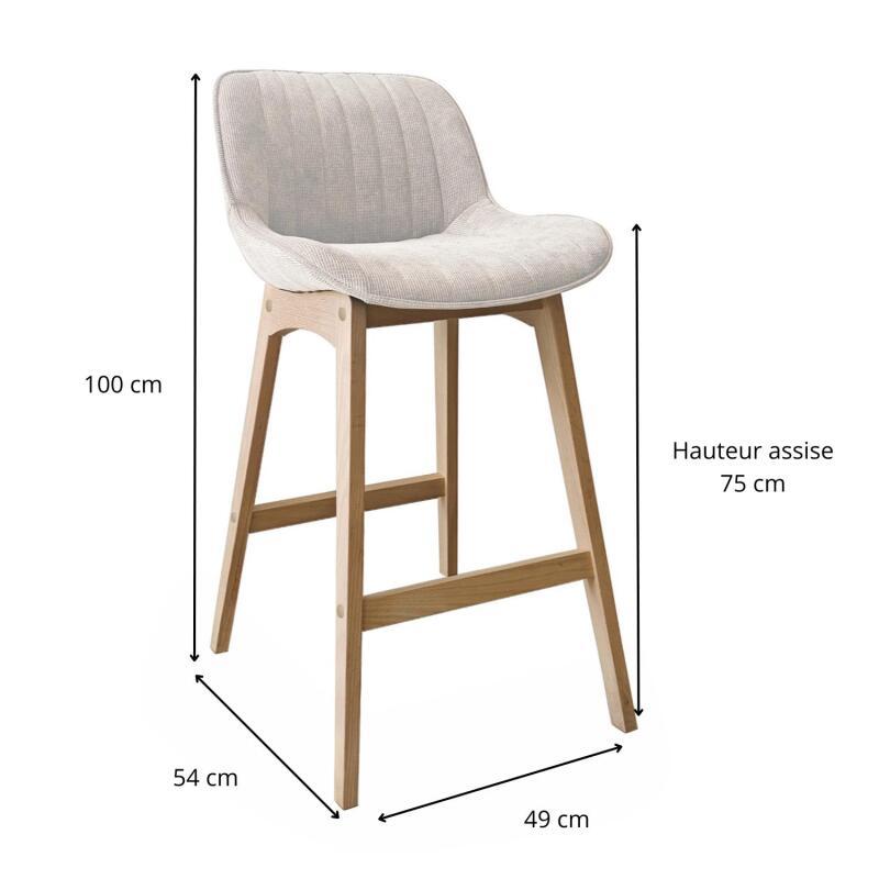 Lot de tabourets de bar en chêne et assise tissu velours côtelé H75cm
