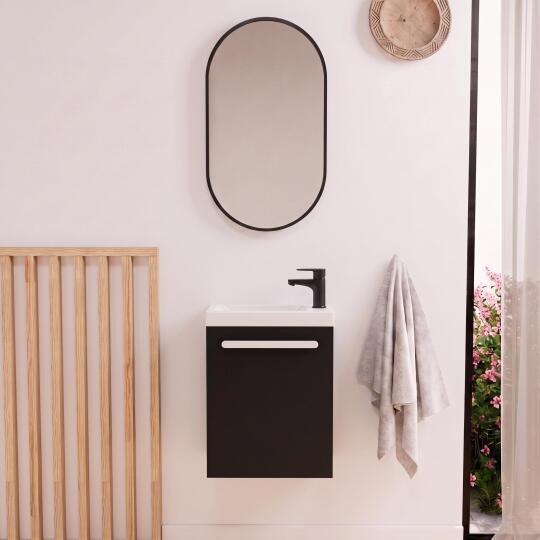 Ensemble lave-mains suspendu avec poignée métal, robinet noir et miroir ovale noir