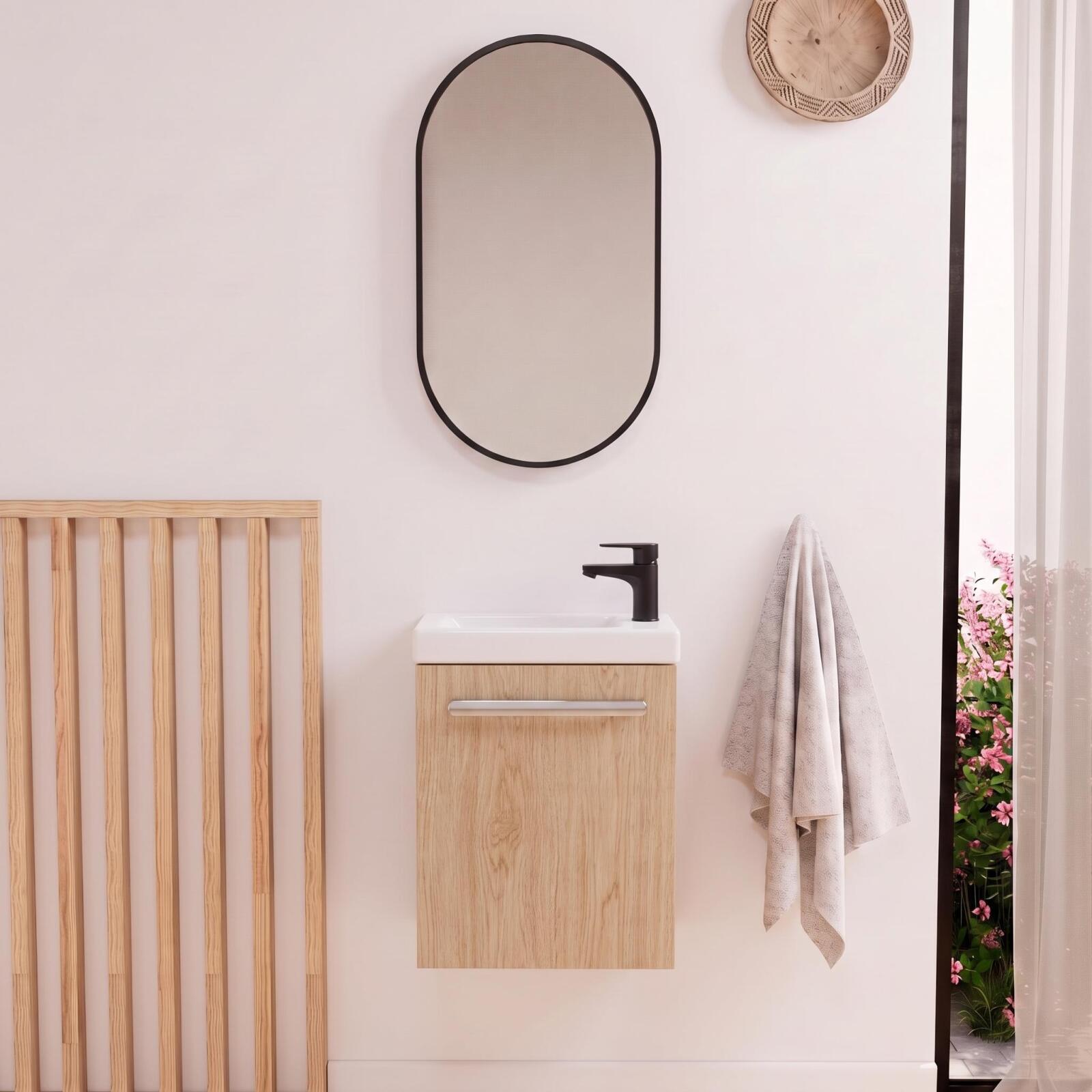 Ensemble lave-mains suspendu avec poignée métal, robinet noir et miroir ovale noir