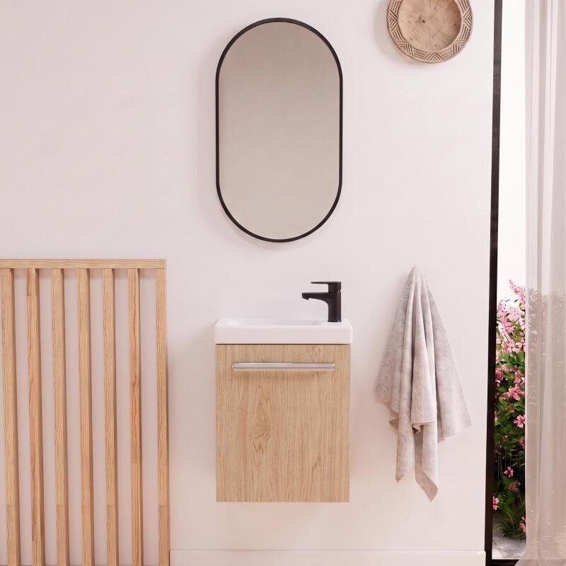 Ensemble lave-mains suspendu avec poignée métal, robinet noir et miroir ovale noir