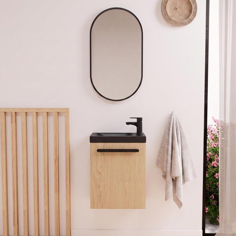 Ensemble lave-mains suspendu avec poignée métal, robinet noir et miroir ovale noir