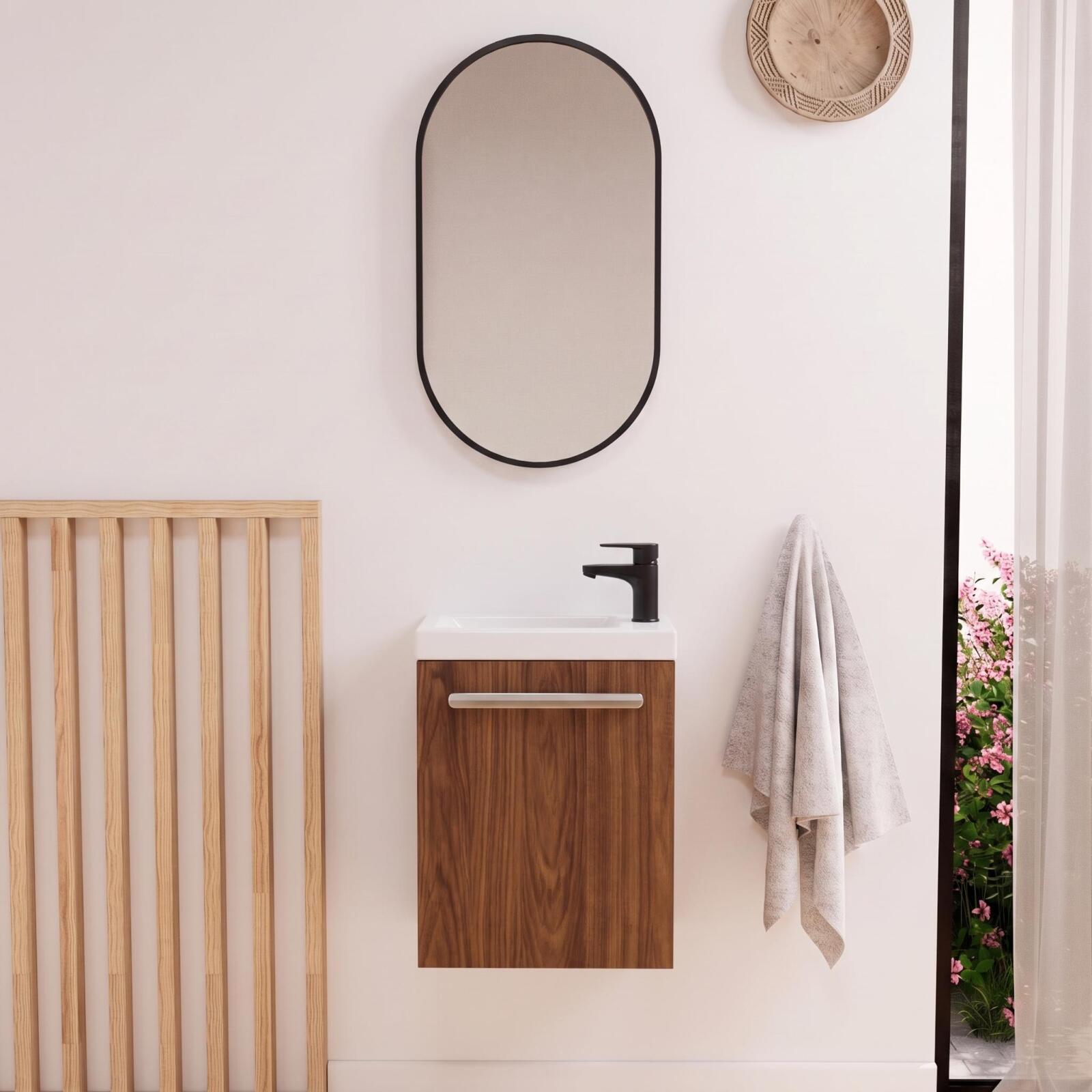 Ensemble lave-mains suspendu avec poignée métal, robinet noir et miroir ovale noir