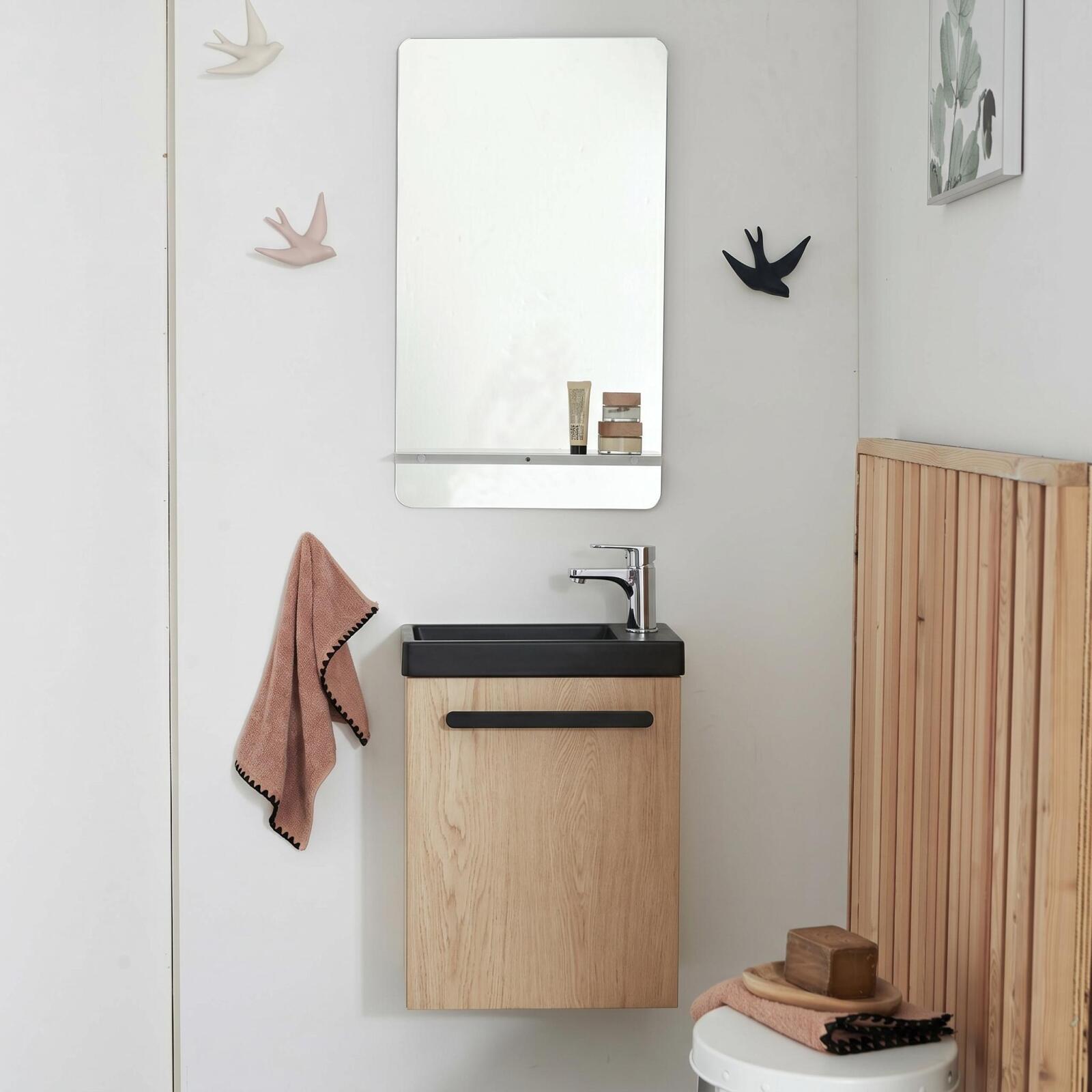 Ensemble lave-mains suspendu avec poignée métal, robinet chromé et miroir tablette