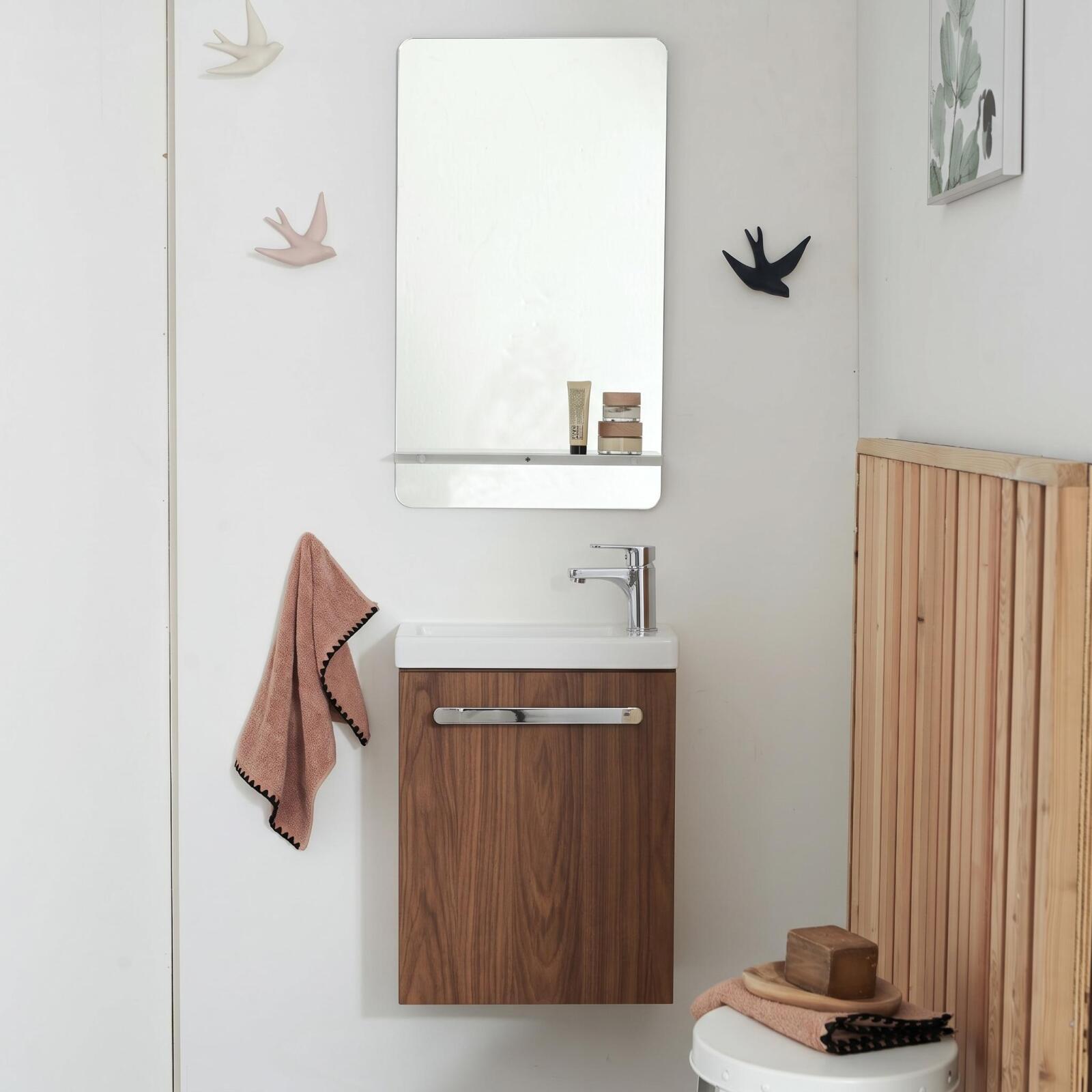 Ensemble lave-mains suspendu avec poignée métal, robinet chromé et miroir tablette