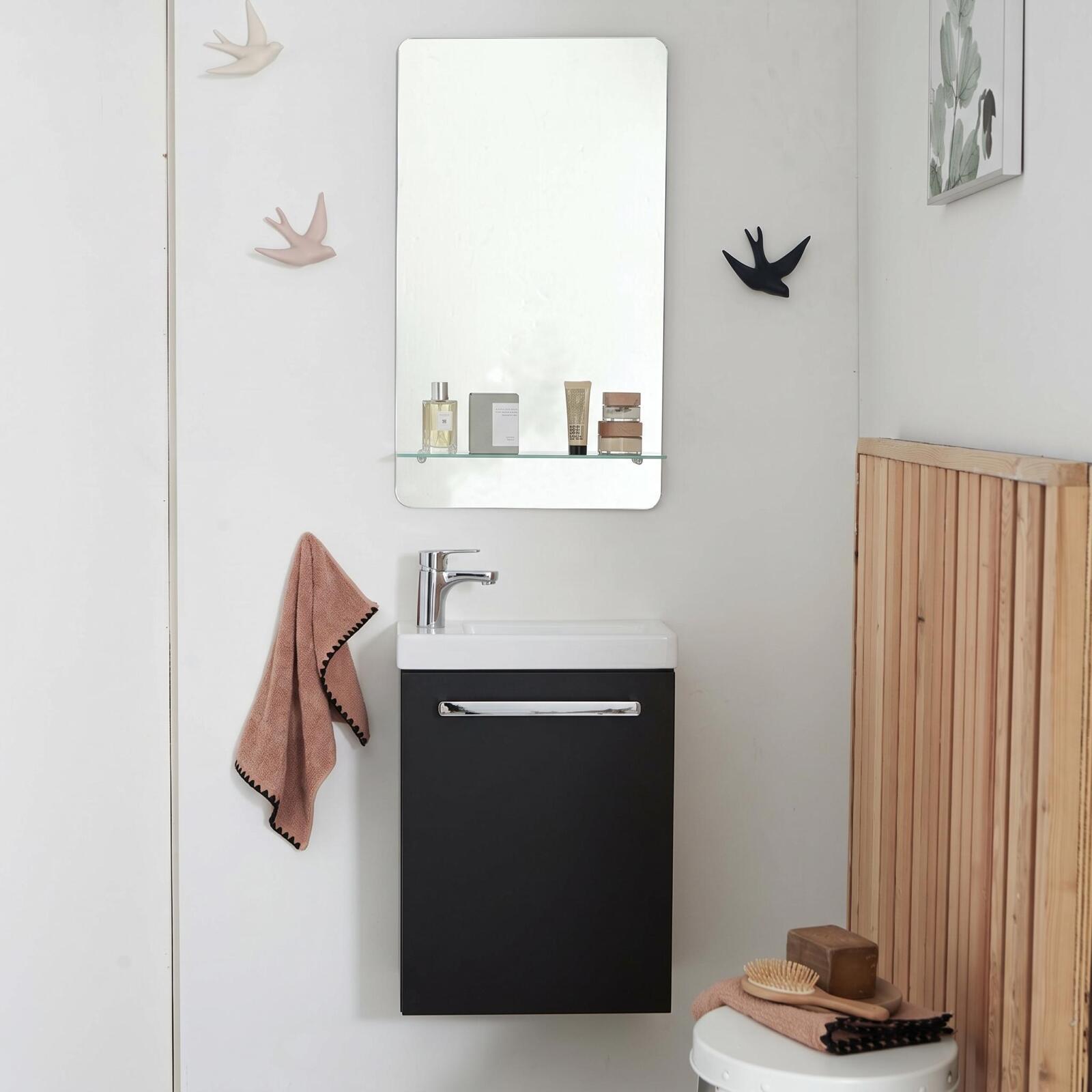 Ensemble lave-mains suspendu avec poignée métal, robinet chromé et miroir tablette