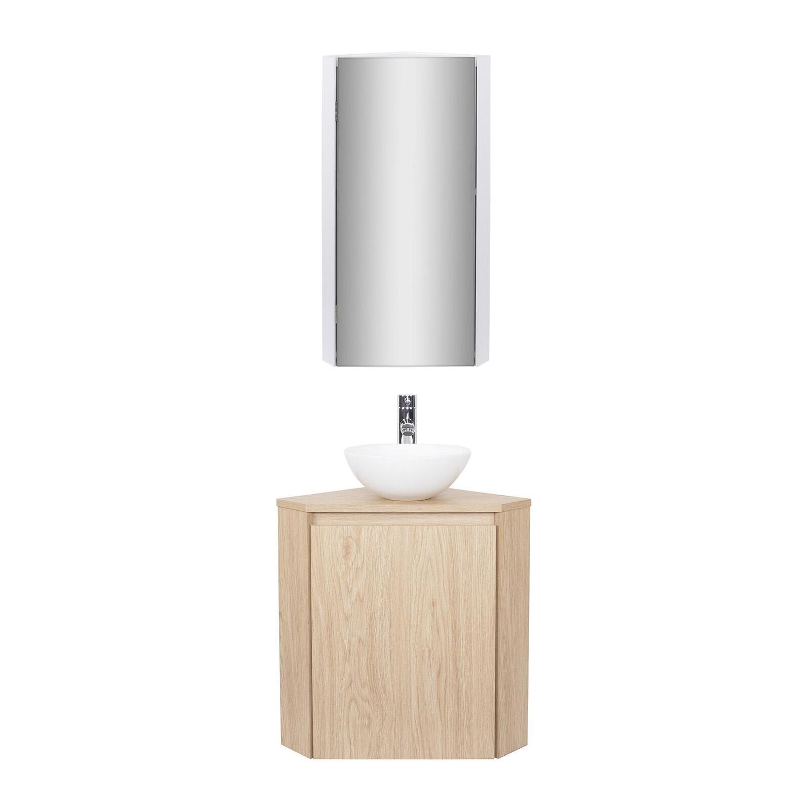 Ensemble lave-mains d'angle avec vasque, robinet et armoire de toilette