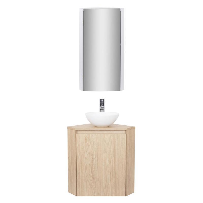 Ensemble lave-mains d'angle avec vasque, robinet et armoire de toilette