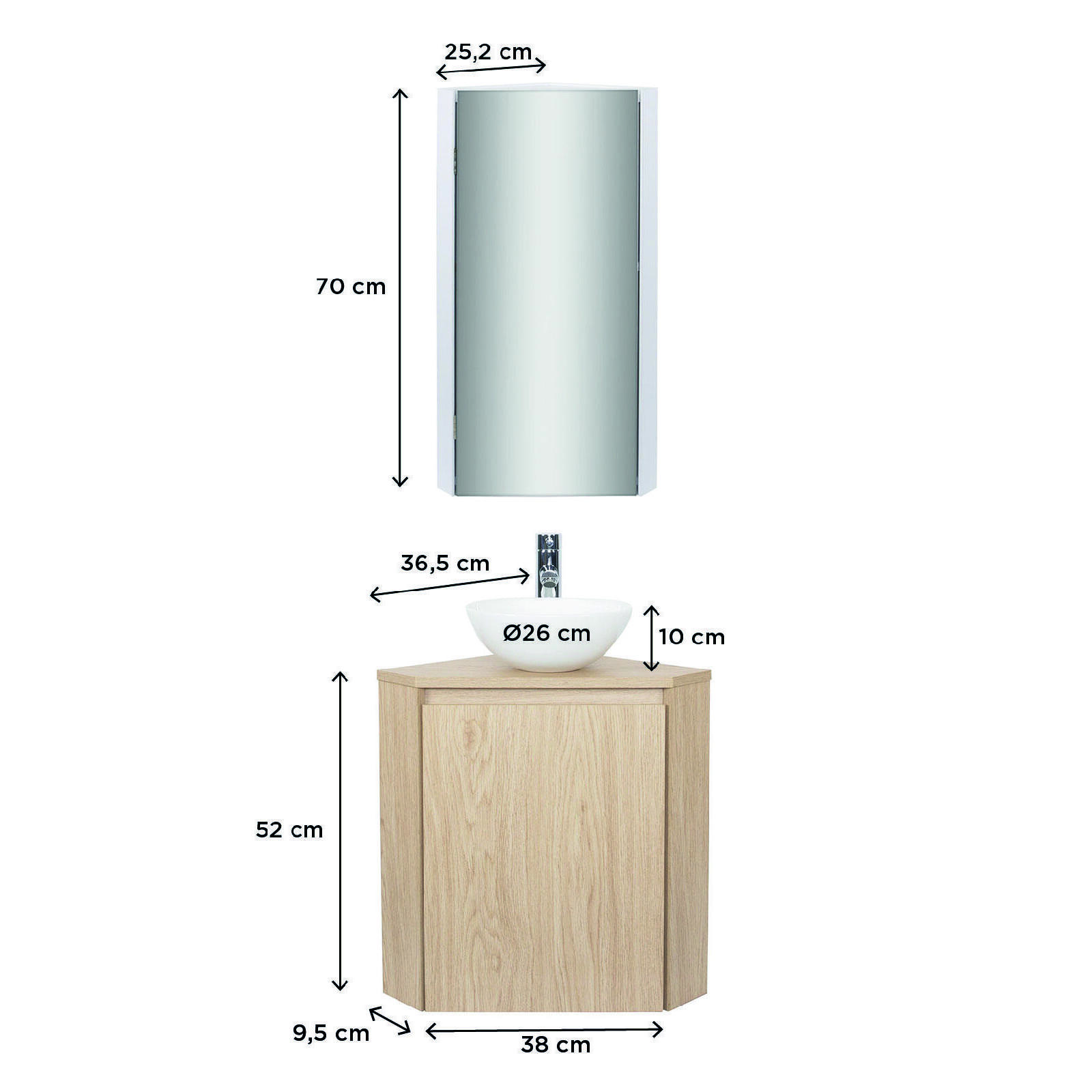 Ensemble lave-mains d'angle avec vasque, robinet et armoire de toilette