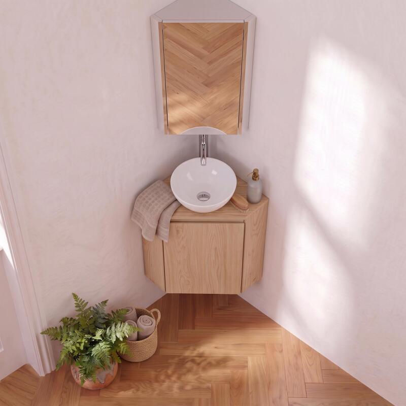Ensemble lave-mains d'angle avec vasque, robinet et armoire de toilette