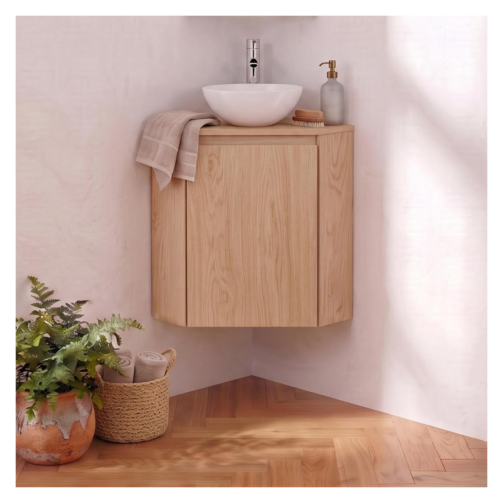 Ensemble lave-mains d'angle décor chêne avec vasque et robinet