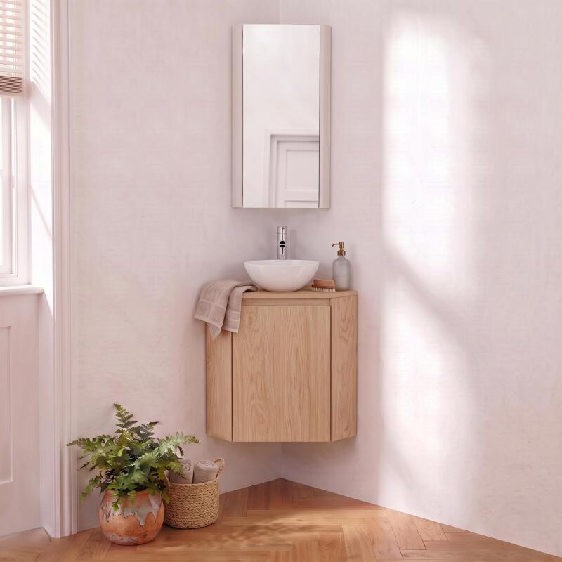 Ensemble lave-mains d'angle décor chêne avec vasque et robinet